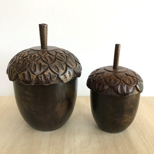 Carved Wooden Acorn Pot x 2 Secret Storage Decorative Country Display 14/11cm