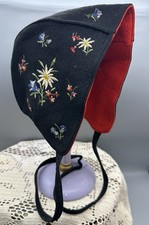 Vintage Max Hurni Swiss Black Alpine Floral Embroidered Baby/Youth Folk Bonnet