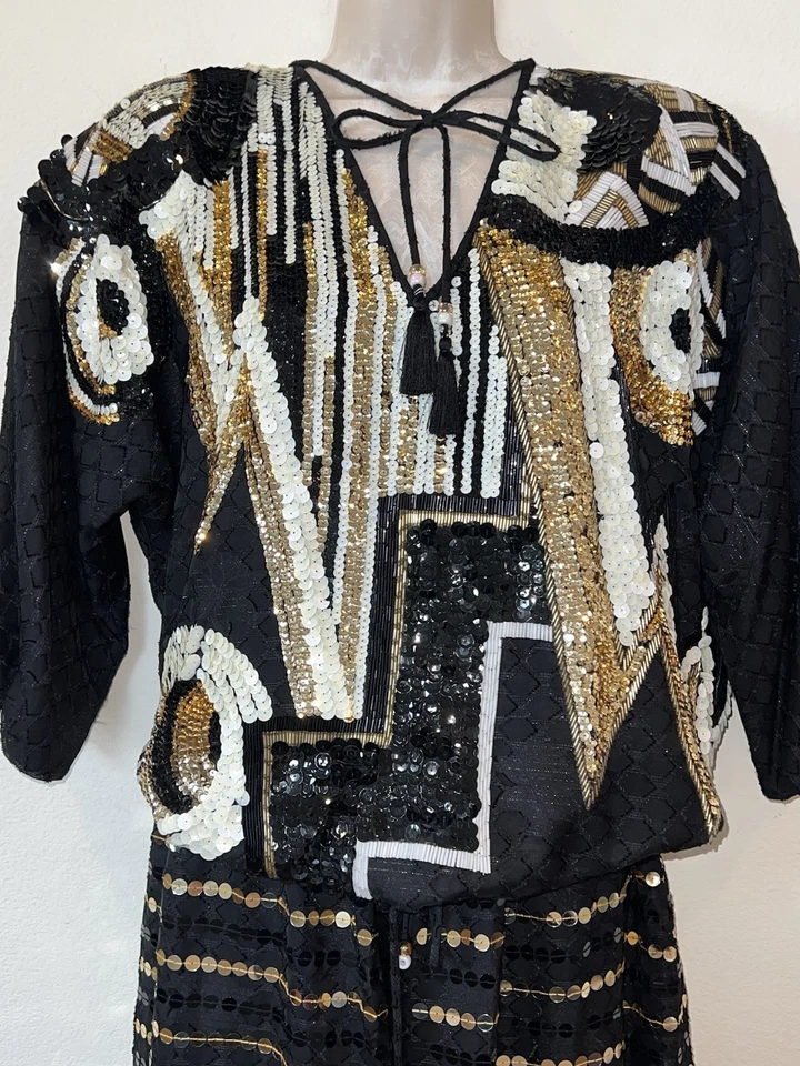 ÚNICO Pantalones de Colección Diane Freis Lentejuelas Abstracto Top y Harén Negro Dorado Blanco Años 80 Foto 4 de 4