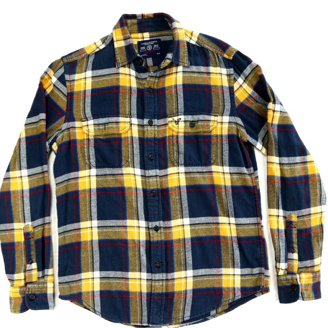 American Eagle Athletic Fit Mens Yellow Plaid Flannel Shirt Size Small