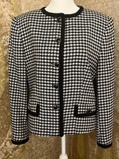 Vtg. Old Money Black White Houndstooth Lined 100 Wool Blazer Sz. Medium
