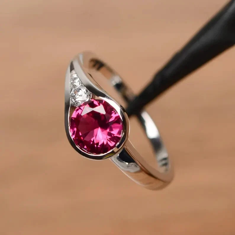 Обручальное кольцо 1,15 карата с натуральным рубином и бриллиантом круглой огранки сплошная 950 платина 5 6 7 8 - Изображение 2 из 4