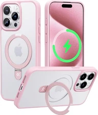 CASEKOO iPhone 15 Pro Case, Mag Stand, Mil Prot, Slim Translucent, Pink