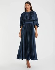 NWT Mac Duggal 49638 Midnight Blue Pleated Capelet Tea-length Dress Sz 14 - $498