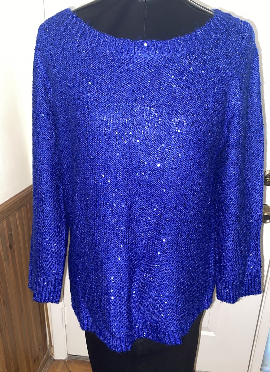 NWT Anne Klein Blue Sequin Sparkle Holiday Knit Sweater Women M