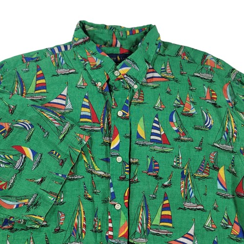 Ralph Lauren Button Shirt Mens XLT Green Linen Sailboat Classic Fit