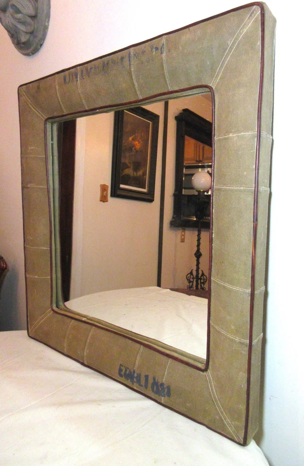 Espejo de pared vintage hecho a mano reutilizado militar ejército azul marino lona cuadrado verde Foto 2 de 4