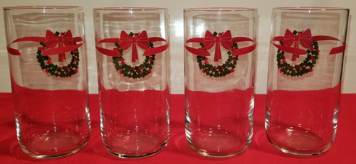 4 Bicchieri Natalizi Libbey Vetro Collezione Vacanze USA Corona con Fiocco Rosso, Vintage - Foto 2 di 5