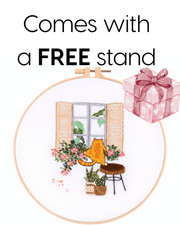 FREE wooden stand Cat Embroidery Kit: Cozy Sleeping Cat, Books, Botanical Design