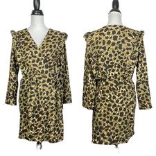 Mango NWT Covita Sz 8 Brown & Green Crepe Texture Animal Print Faux Wrap Dress