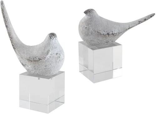 Charming Gray/Silver Bird Sculptures - Set of 2 for Elegant Decor - Picture 2 of 4