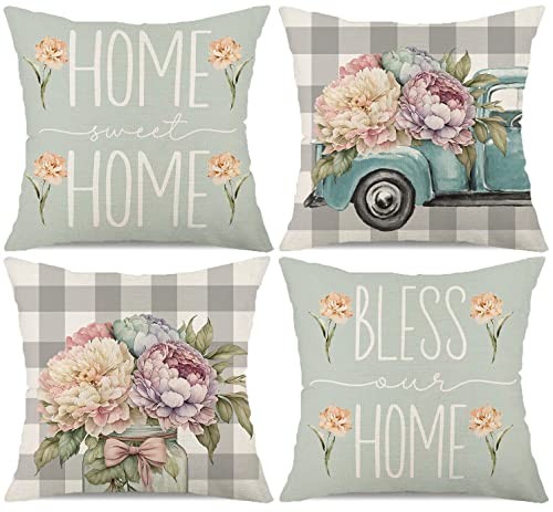 Farmhouse Spring Summer Pillow Covers 18x18 Set of 4 Buffalo Plaid Flower - Picture 2 of 7