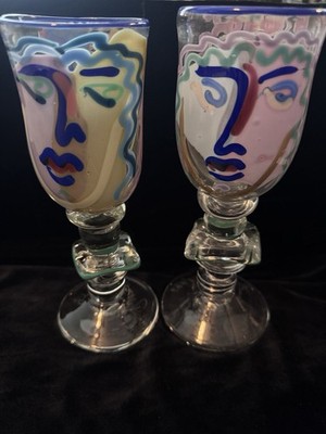 William Katherine Bernstein Signed Art Glass Face Goblets Pair 