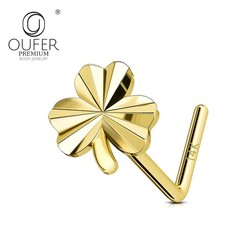 14K Real Solid Gold Nose Stud L Shape Clover ...