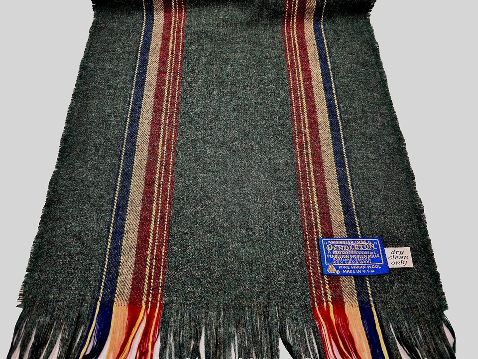 Bufanda Pendleton Vintage 100% Lana Virgen Hecha en EE. UU. Gris con Rayas Flecos Años 80-90 Foto 4 de 4