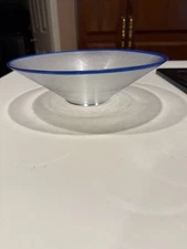 VINTAGE RIBBED BOWL CLEAR GLASS 11"D X 3.5"H BLUE RIM