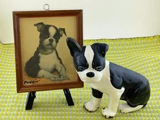 Boston Terrier Cast Iron Door Stop with Framed Boston Terrier Vintage Print