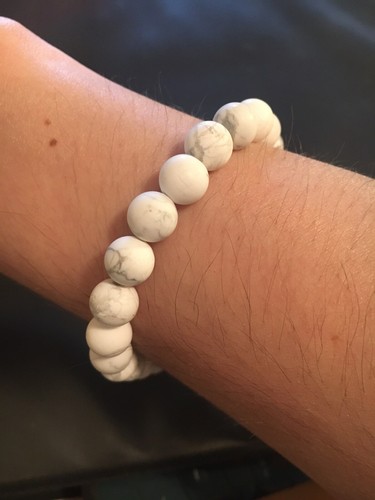 Mens White Crackle Howlite 8mm Beaded Stretch Bracelet, Mens Jewelry Gift 8” - Picture 11 of 11