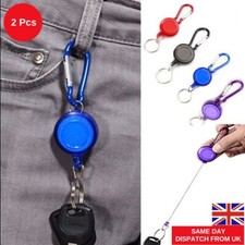 2 X Stainless Pull Ring Retractable Key Chain Recoil Keyring Heavy Duty Steel UK