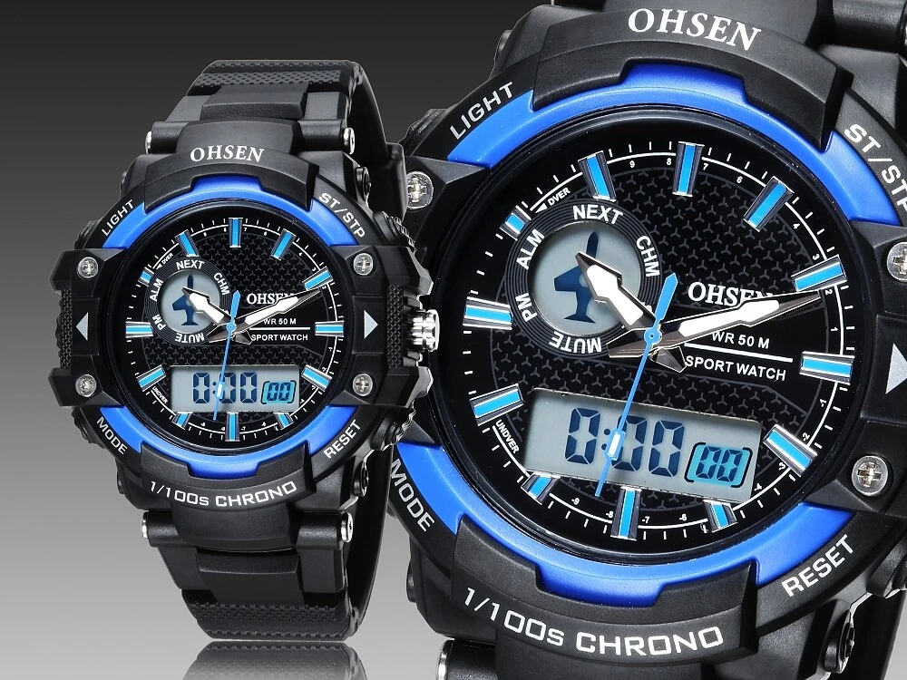 OHSEN Digital Quartz Man WristWatch 50M Waterproof Rubber Band Business Sport