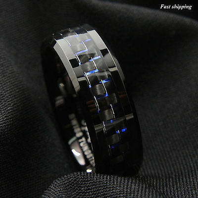8mm Black Tungsten Black Blue Carbon Wedding Band ATOP jewelry |