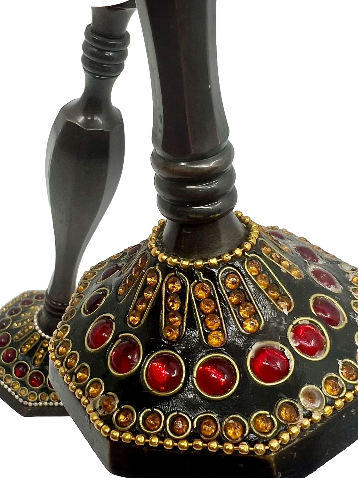 Vintage Indian Metal Jeweled Red & Orange Beaded Details Candle Stick Holders