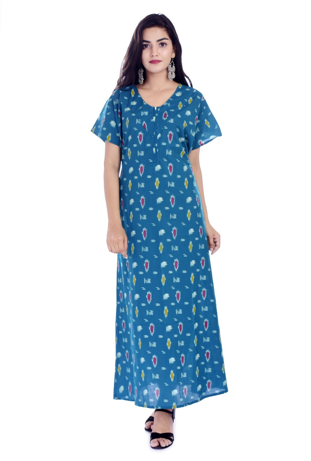 Ladies Front Opening Cotton Nightdress Womens Short Sleeve Nightie Nighty  Green | eBay