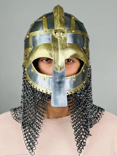 Medieval Medusa Vendel Helmet - Hand-Forged Steel & Brass with Chainmail - Picture 5 of 7