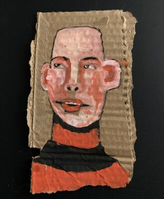 Bald Man Portrait Painting Original Cardboard Primitive Painterly Outsider Art