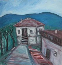 Vintage expressionist oil painting house landscape
