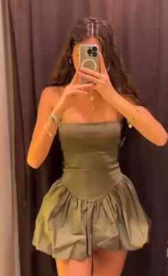 NWT ZARA Contrast Ribbed Poplin Puff Balloon Dress Khaki Green 4174/347 Sz S, M