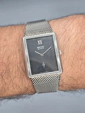 Seiko Quartz 4130-5250 Stainless Steel Rectangular Black Dial Men’s Watch 1986