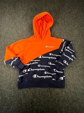 Champion Fleece Hoodie Youth 6 Orange Navy Colorblocked Spellout Logo Pullover
