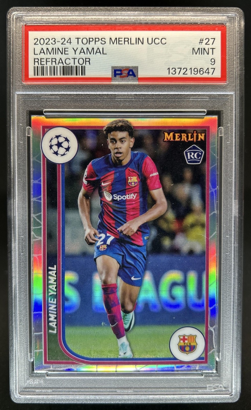 2023-24 Topps Chrome Merlin UEFA Lamine Yamal RC Refractor #27 Barcelona PSA 9
