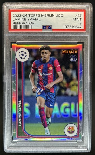 2023-24 Topps Chrome Merlin UEFA Lamine Yamal RC Refractor #27 Barcelona PSA 9
