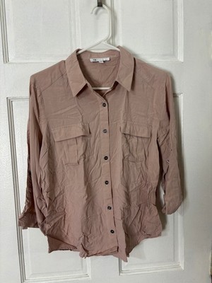 DR2 Button Down Womens S Mauve Roll Tab Sleeve Pockets Collared