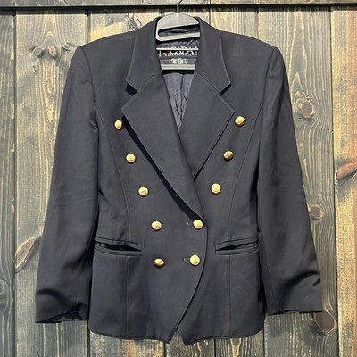 Vtg Escada Margaretha Ley Black Wool Double Breasted Blazer 34  XS Gold Buttons