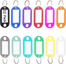 12 Pack Plastic Key Tags with Label Window and Rings in Assorted Colors