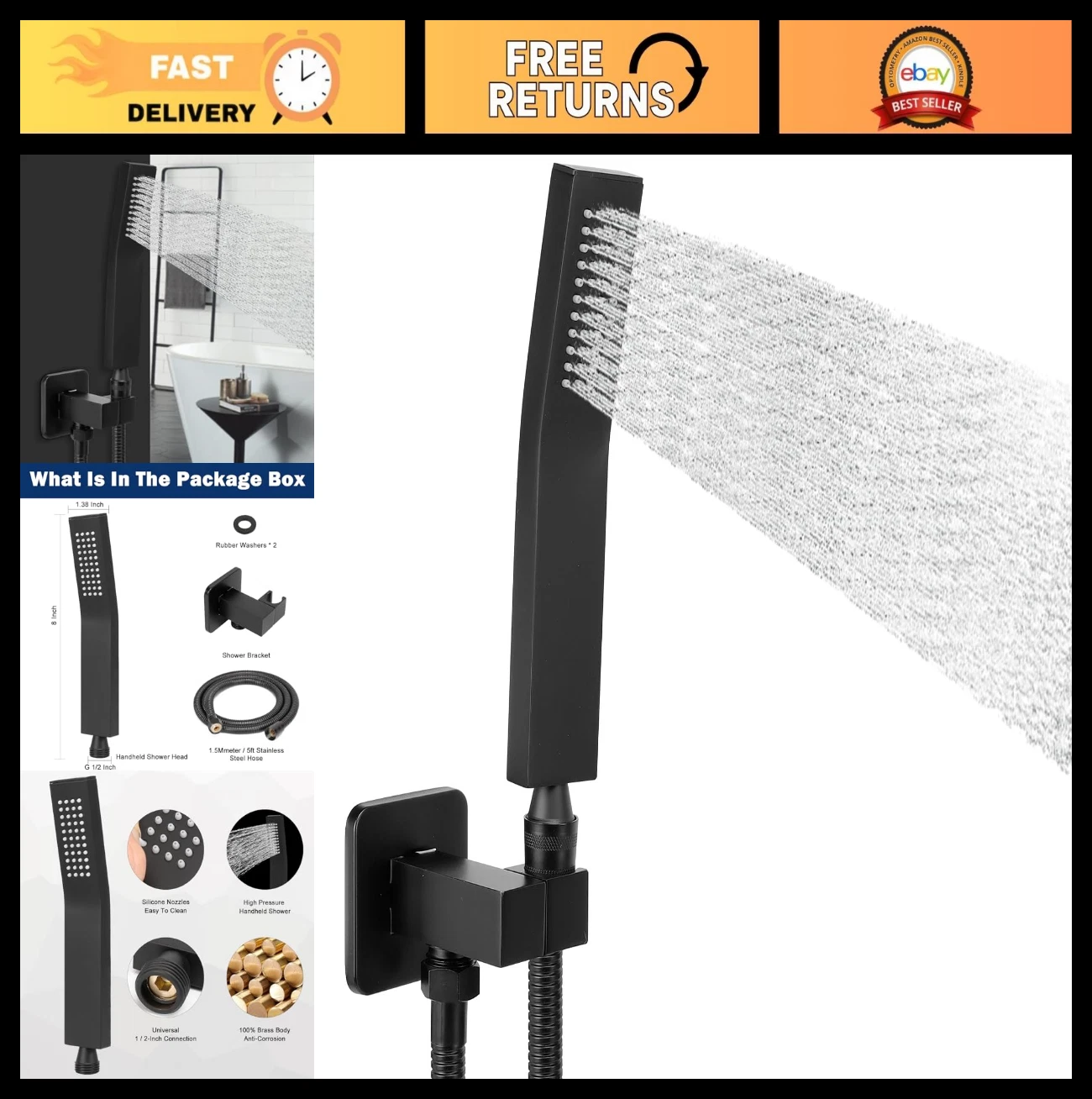 Luxury High Pressure Handheld Shower Head Kit with Wall Connector & Hose - Matte