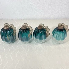 4 GLITZHOME two-tone turquoise Glass Pumpkins W/Metallic Stems Accent Fall