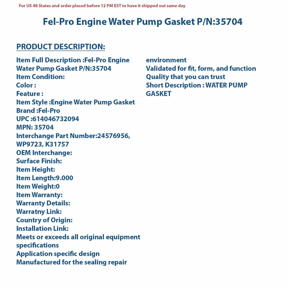 Junta Bomba Agua Motor Fel-Pro 35704 | Auto Pieza Alta Calidad, Ajuste Universal f Foto 4 de 4