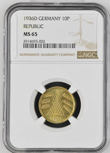 Germany Weimar Republic 1936 D 10 Reichspfennig, KM# 40, NGC MS 65