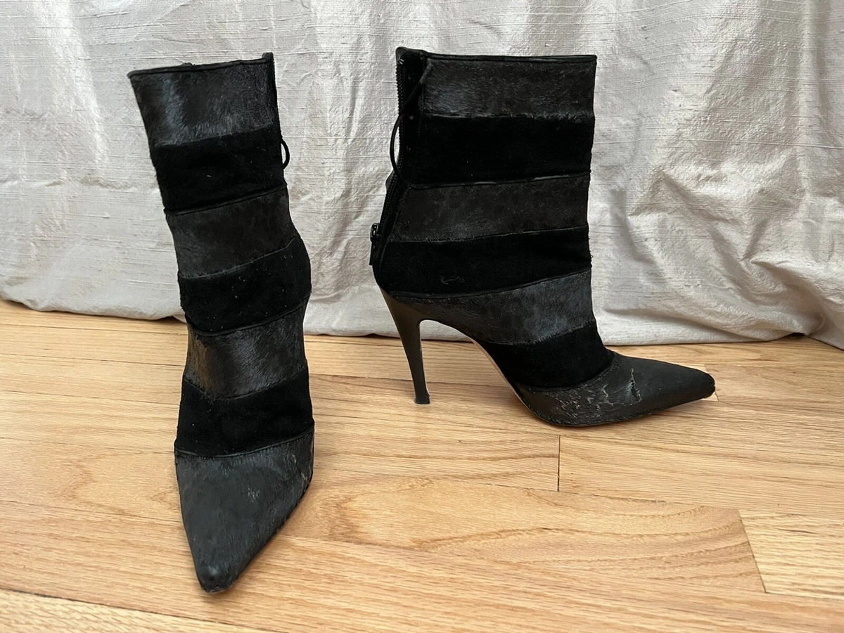 manolo blahnik 35 black boots striped suede leather High heels painted pony hair