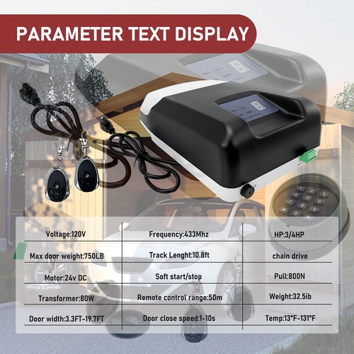 750LB 3/4HP Electric Garage Door Opener Wifi Chain Drive w/2 Remote Controls Kit - Picture 4 of 14