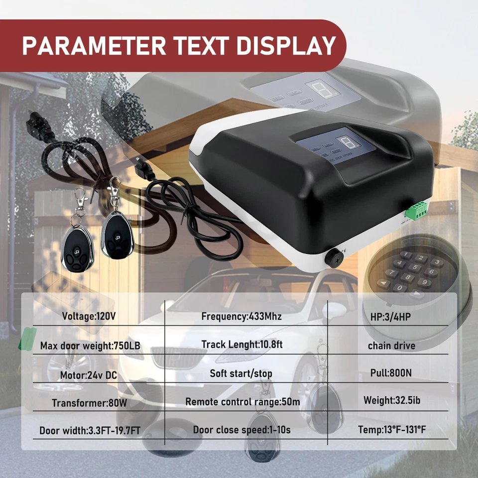 750LB 3/4HP Electric Garage Door Opener Wifi Chain Drive w/2 Remote Controls Kit - Image 4 of 4