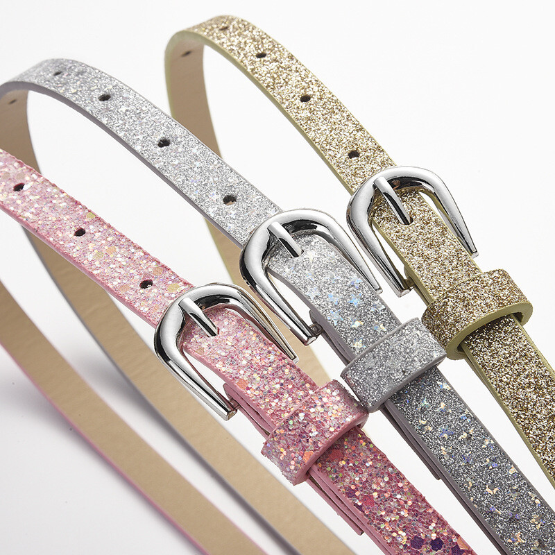 Glitter Belt Slim Waist For Girls Kids Teen Leather Petite Buckle