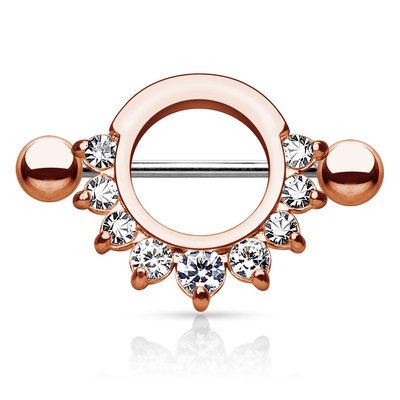 Pair of Half Circle CZ Gem Gold IP Surgical Steel Nipple Rings Shield 14G 9/16''