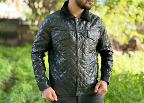 Mens Real Lambskin Quilted Leather Trucker Jacket, Black Leather Trucker Jacket image 4