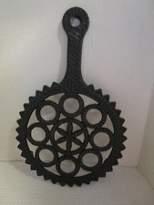 Vintage Black Cast Iron Trivet Circular Pattern with Handle Footed Stamped JAPAN