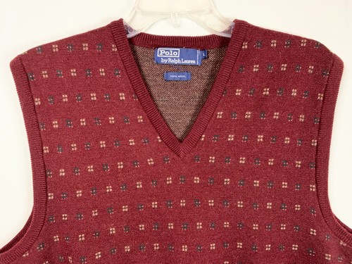 Polo by Ralph Lauren Knit Vest V-Neck Sz L Burgundy Geometric Academia Golf - Picture 2 of 8
